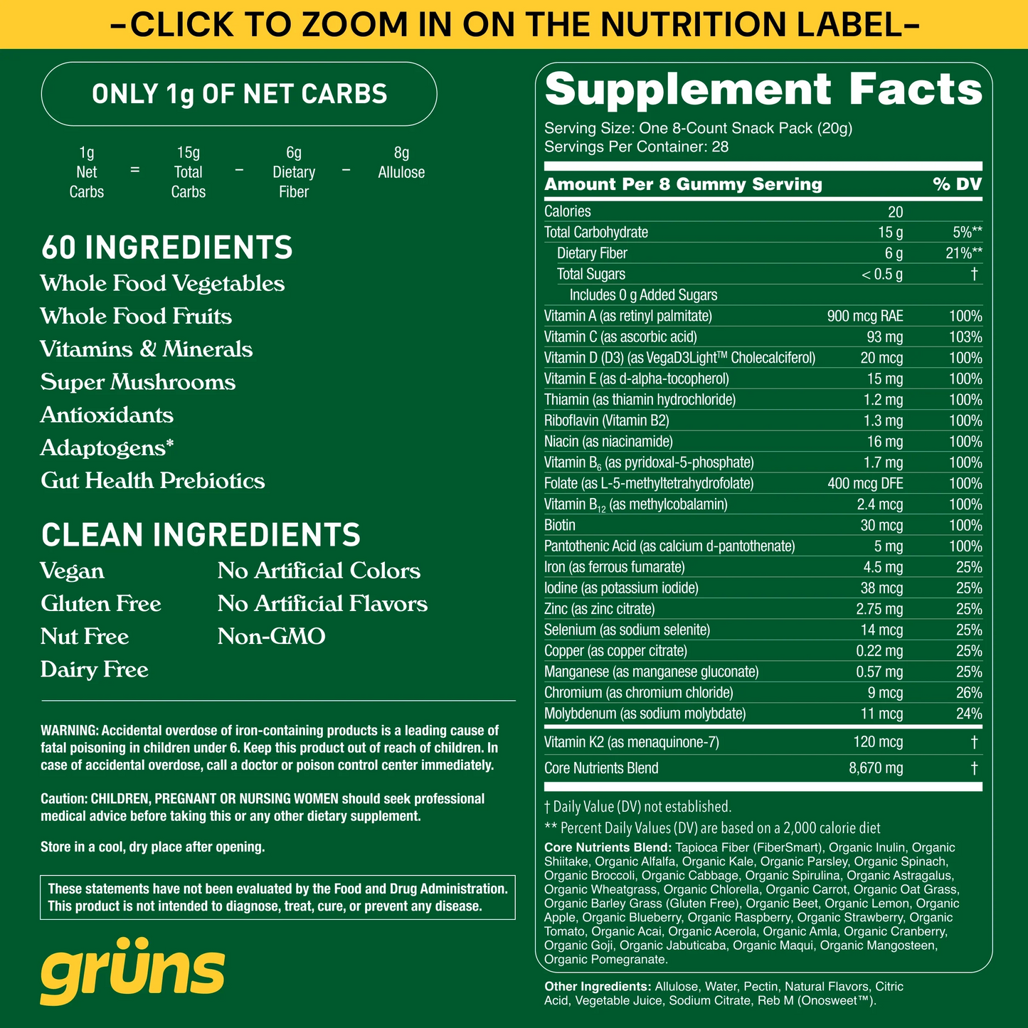Gruns® Adults Super Greens Multivitamin Gummies